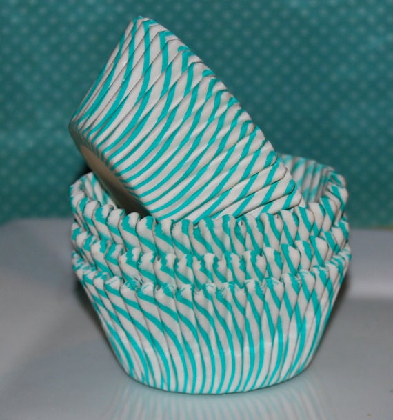 cupcake liners -  Aqua Stripe baking cups - muffin cups standard size grease proof cupcake - 50 count