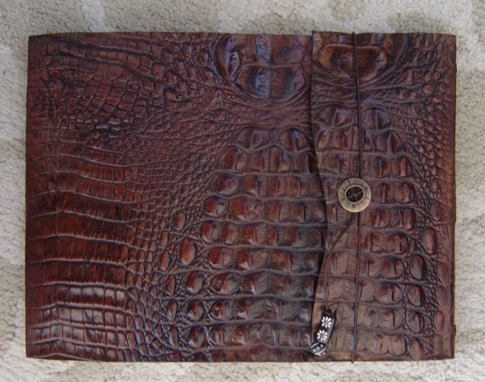 Large Refillable Leather Sketchbook - Embossed Alligator Print, Bone Beads, Journal, Drawing Pad, Photo Album, Notebook, Guest Book
