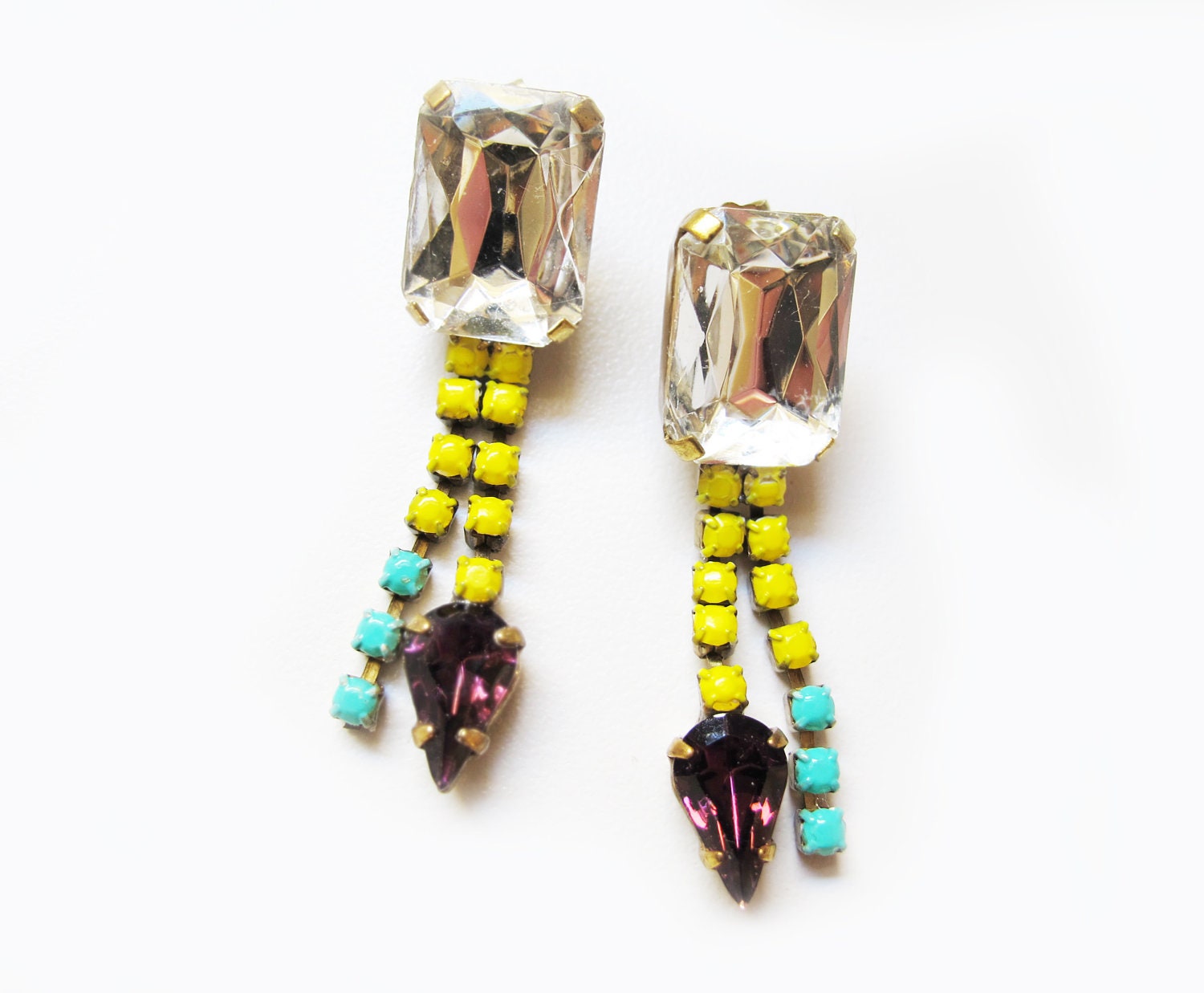 Hand Painted Vintage Neon Rhinestone Earrings OOAK