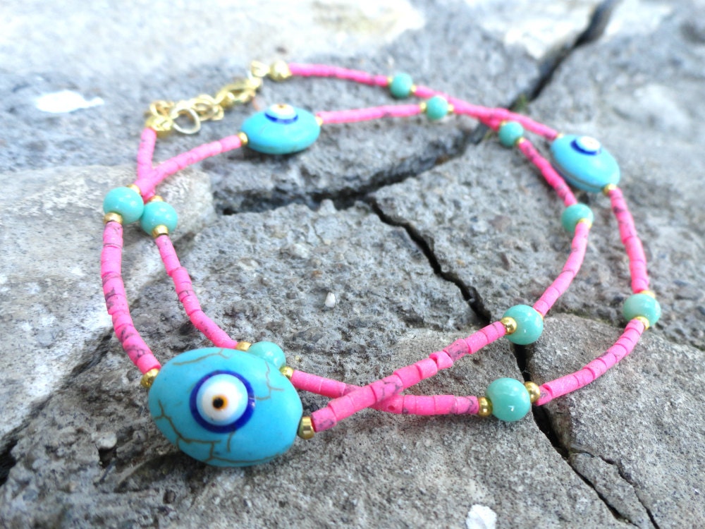 Evil eye necklace pink turquoise stone beads afghan turkish jewelry istanbul girl christmas gifts daughter present best friend birthday