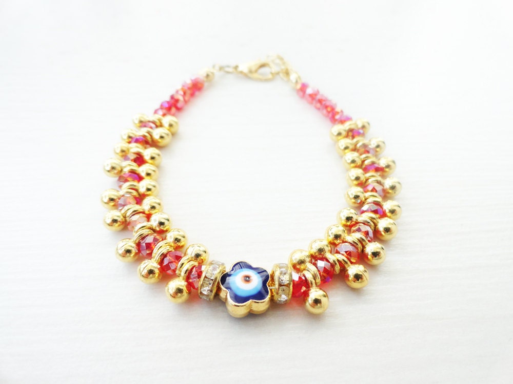 Pink ethnic bracelet, flower evil eye charm gold plated turkish istanbul jewelry, best friend birthday, christmas presest for women