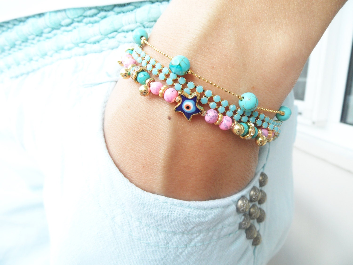 Evil eye bracelet set in turquoise and pink natural beads starfish charm pink swarovski chain arabic istanbul turkish bracelets women girl