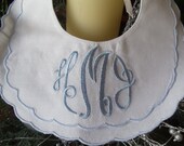 Monogrammed Double Scalloped Cotton Bib Trimmed in blue Great for  Christmas, Christening, Church,Weddings