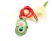 Soutache Necklace with Malachite. Hand Embroidered Necklace. Gray and Pink. Pendant. Soutache Jewelry.