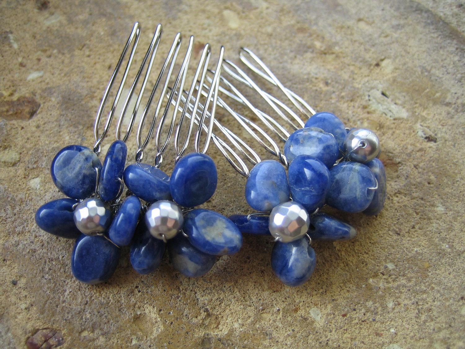 Sodalite and Pearl Flower Mini Hair comb Handmade Wedding hair accessories set of two on silver combs bridesmaid jewellery