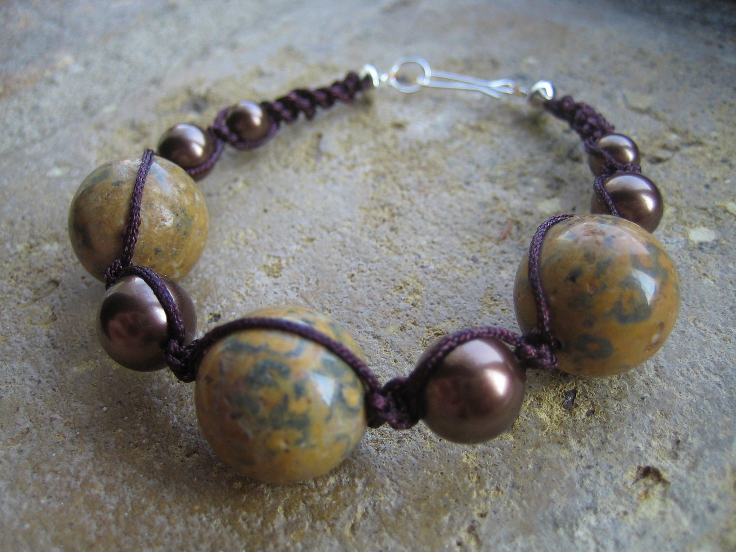 Picture Jasper and Chocolate Shell Pearl, Macrame Bracelet Handmade