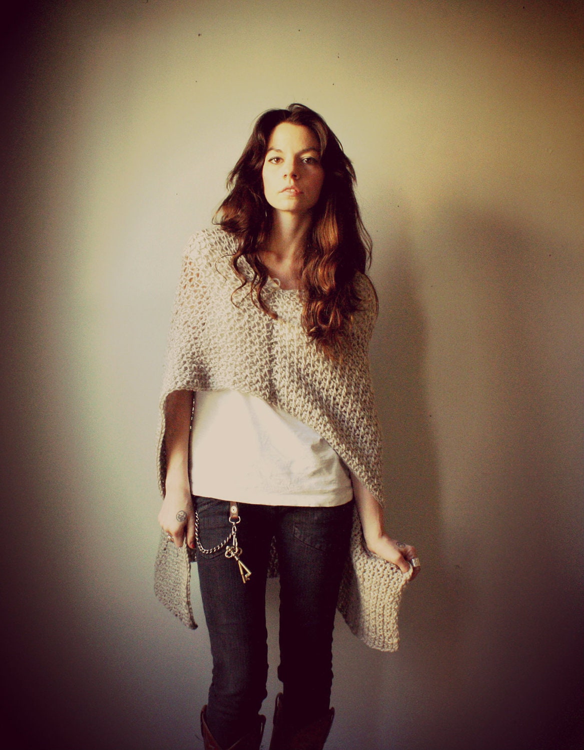 handmade cropped shawl. tunic poncho sweater. color oatmeal wool. loose knit. one size.