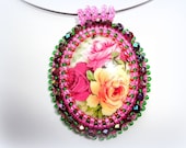 Beadwork Rose Necklace, Embroidery Rose Necklace, Bead Embroidered Jewelry, Wedding Necklace