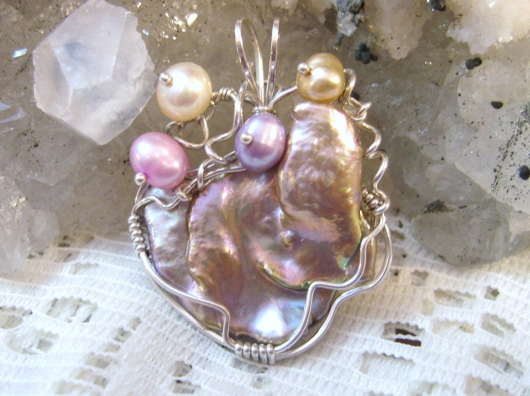 Pearl Pendant Baroque Freshwater Solid 930 Sterling Silver Wire Wrapped in Argentium Anti-Tarnish wire