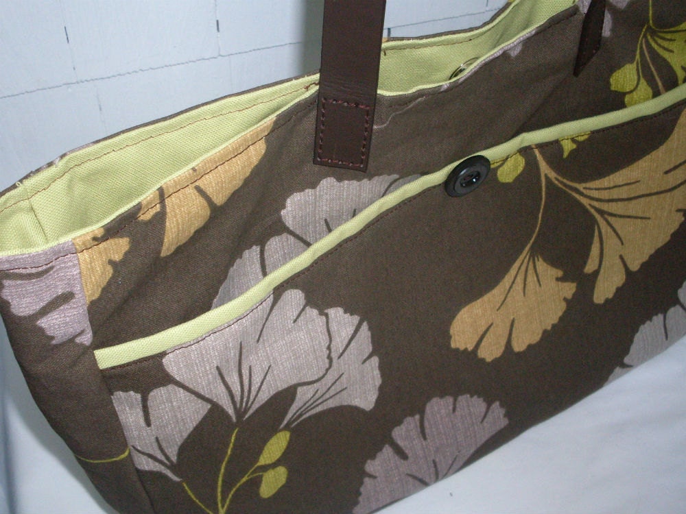 Large Tote Bag with Leather handles- Ginko Leaves--the 'Dahlia'