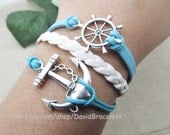 Silvery Rudder & Anchor Cuff Bracelet  White and Blue Leather Bracelet  Silver alloy jewelry  Fashion Bangle LB593