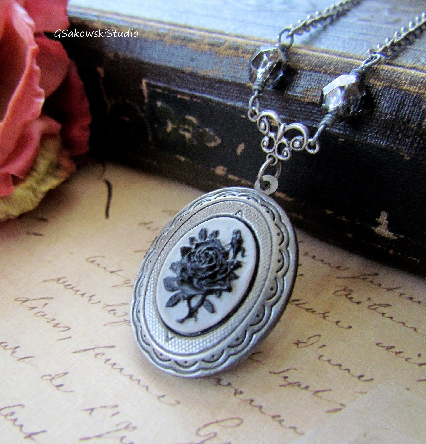 Black Rose Cameo Locket Necklace, Antique Silver Gunmetal Black Rose Locket Necklace