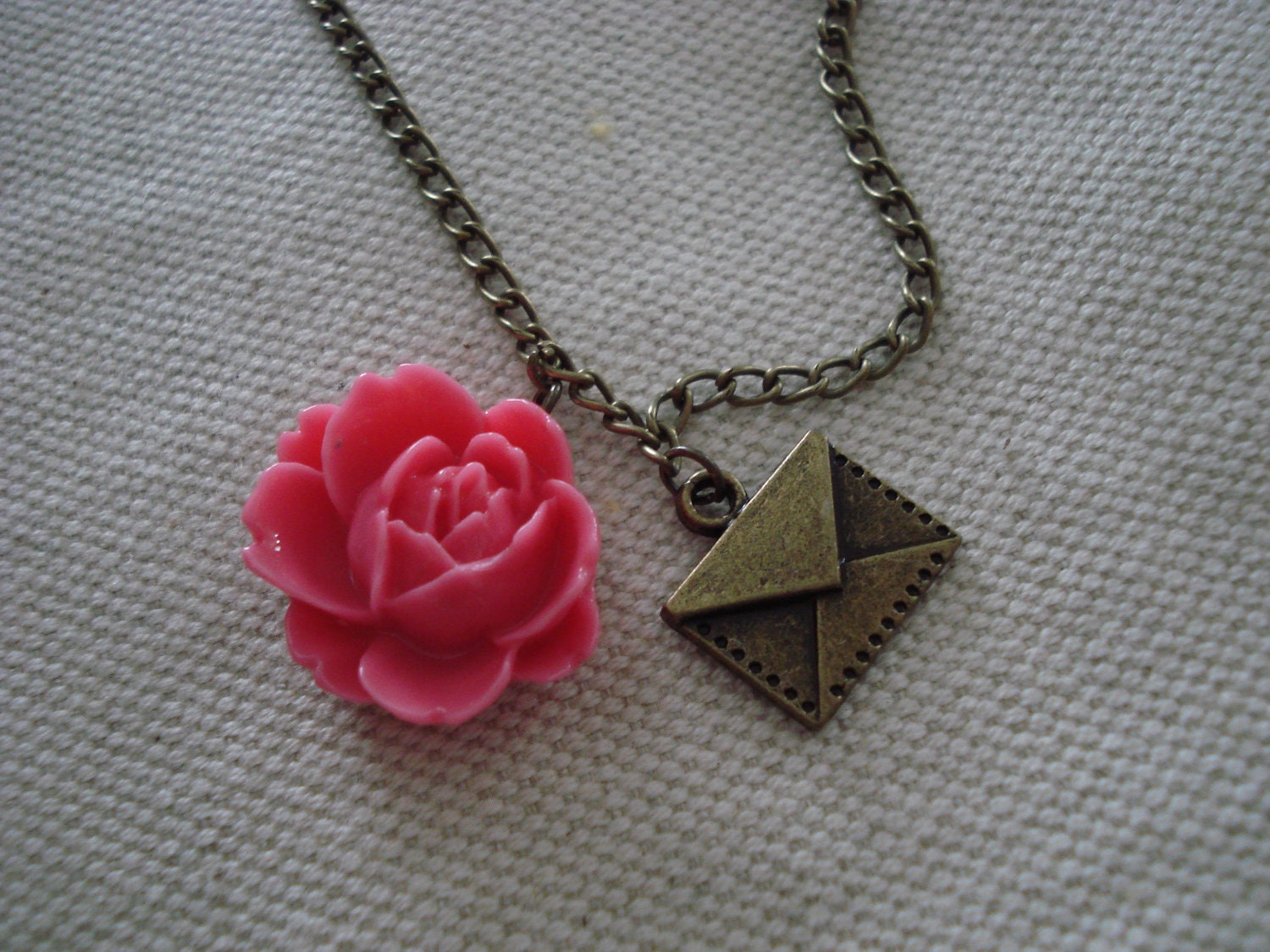 Bright Pink Rose on Long Necklace with Antiqued Love Letter Charm -  30 inches.
