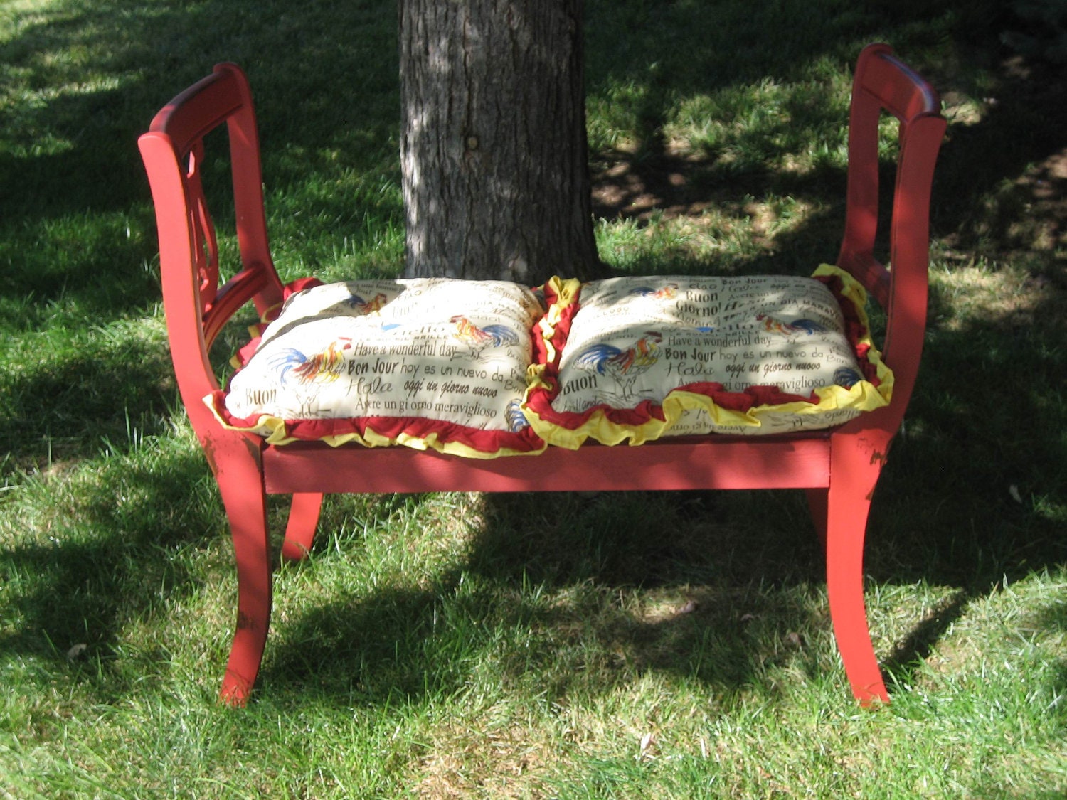 REPURPOSED Upcycled red harp, vintage chairs, bench, rooster seats, furniture