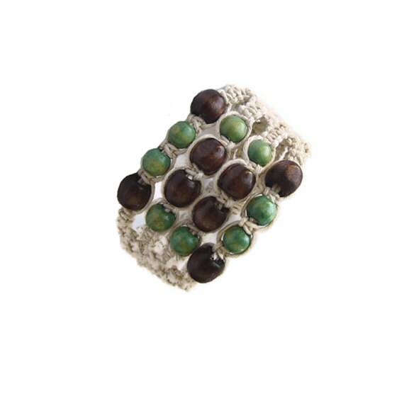 Macrame Bracelet, Cuff, Statement, Fibre Bracelet, Boho Jewelry, Green Brown Beige, Beaded, Wooden Beads, OOAK