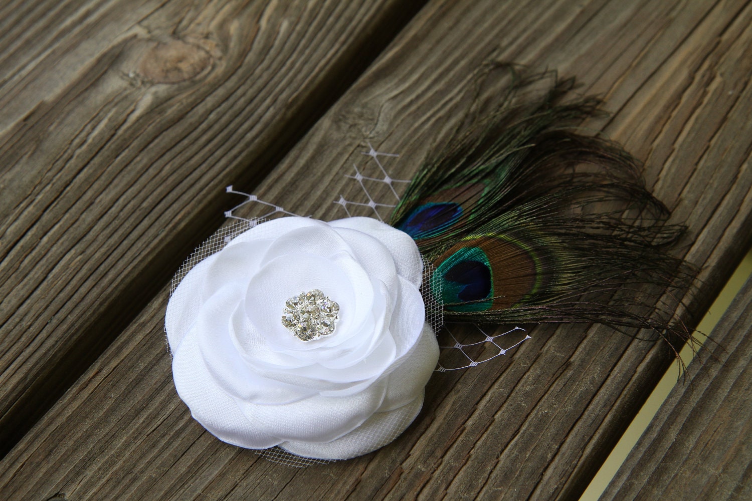 Bridal Hair Accessory - White Satin Flower Hair Clip - Crystal Clear Rhinestone - Peacock Feather Flower - Birdcage Veil Netting