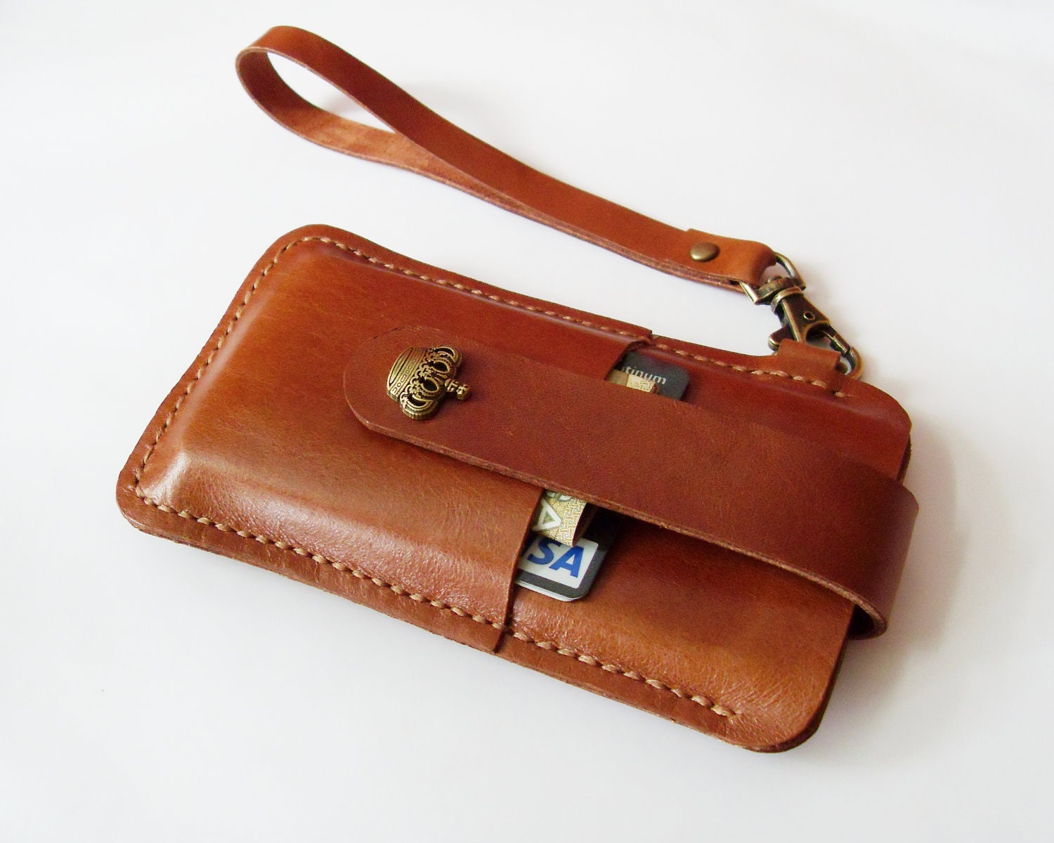 iPhone 5 Sleeve - Brown Leather iPhone 5 Case with Crown Button Pull Tap - Easy to Take out - for iPhone 5 - Handmade & Hand Stitched
