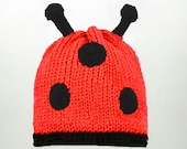 Ladybug Hat, Black and Red Knit and Crochet Beanie, send size choice baby - adult