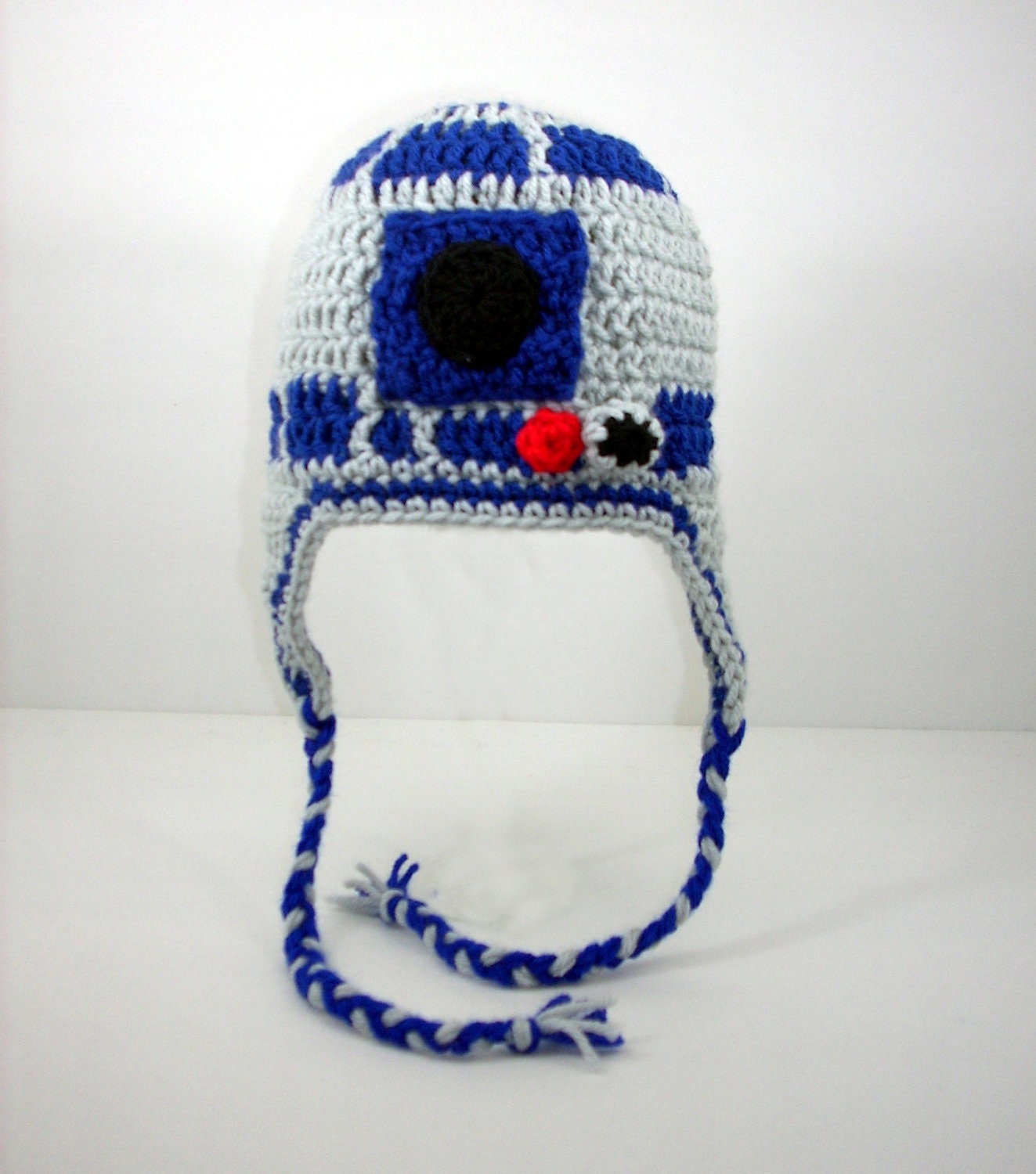R2D2 Earflap Hat from Star Wars, Grey Crochet Beanie, RTS Ready to Ship Size Large, ages 5 - adult