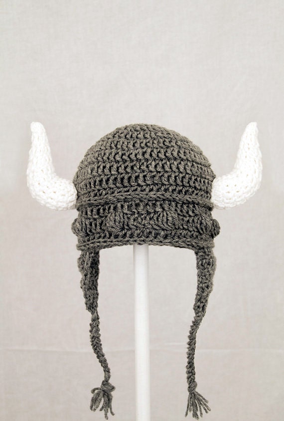 Viking Earflap Hat, Grey Crochet Beanie, RTS Ready to Ship Size Large, ages 5 - adult