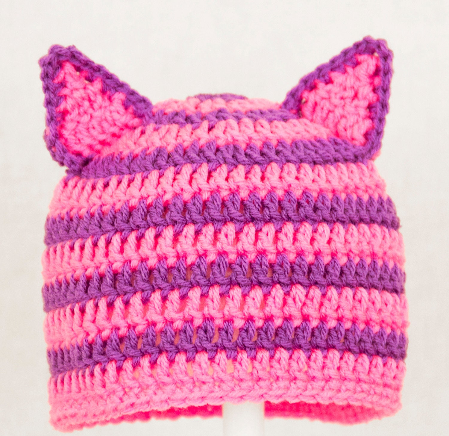 Cheshire Cat Ears Hat from Alice in Wonderland, Hot Pink and Purple Crochet Beanie, send size choice baby - adult