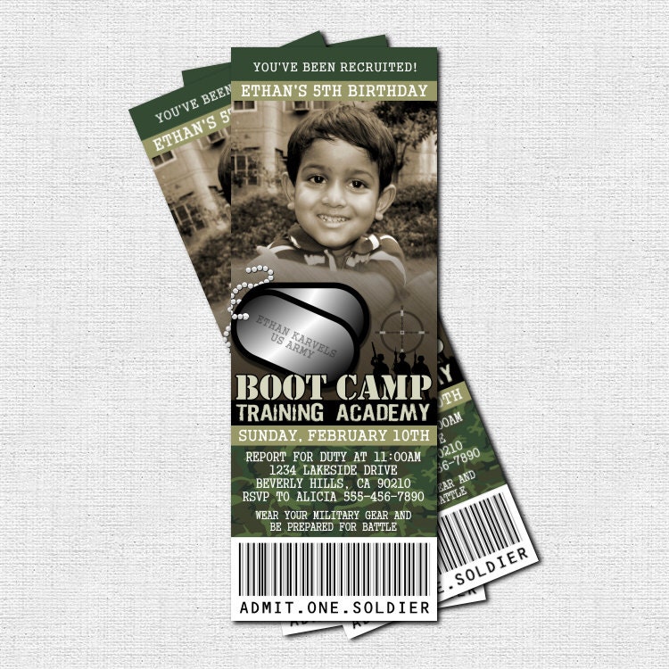 CAMOUFLAGE TICKET INVITATIONS Birthday Party Army Boot Camp- (print your own) Personalized Camo Printable