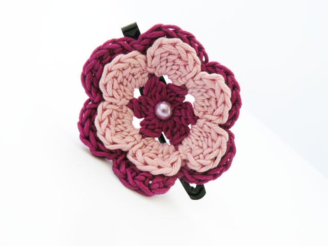 Crochet flower hair clip, pink, purple, hair accessory, women, girls