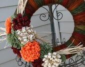 Fall Yarn Wreath/Halloween/Thanksgiving/Felt Mums/Flowers/Burlap/Raffia