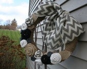Jute Yarn Wreath/Everyday/Spring/Summer/Fall/Winter/Chevron Burlap Ribbon/Burlap Roses/Mothers Day