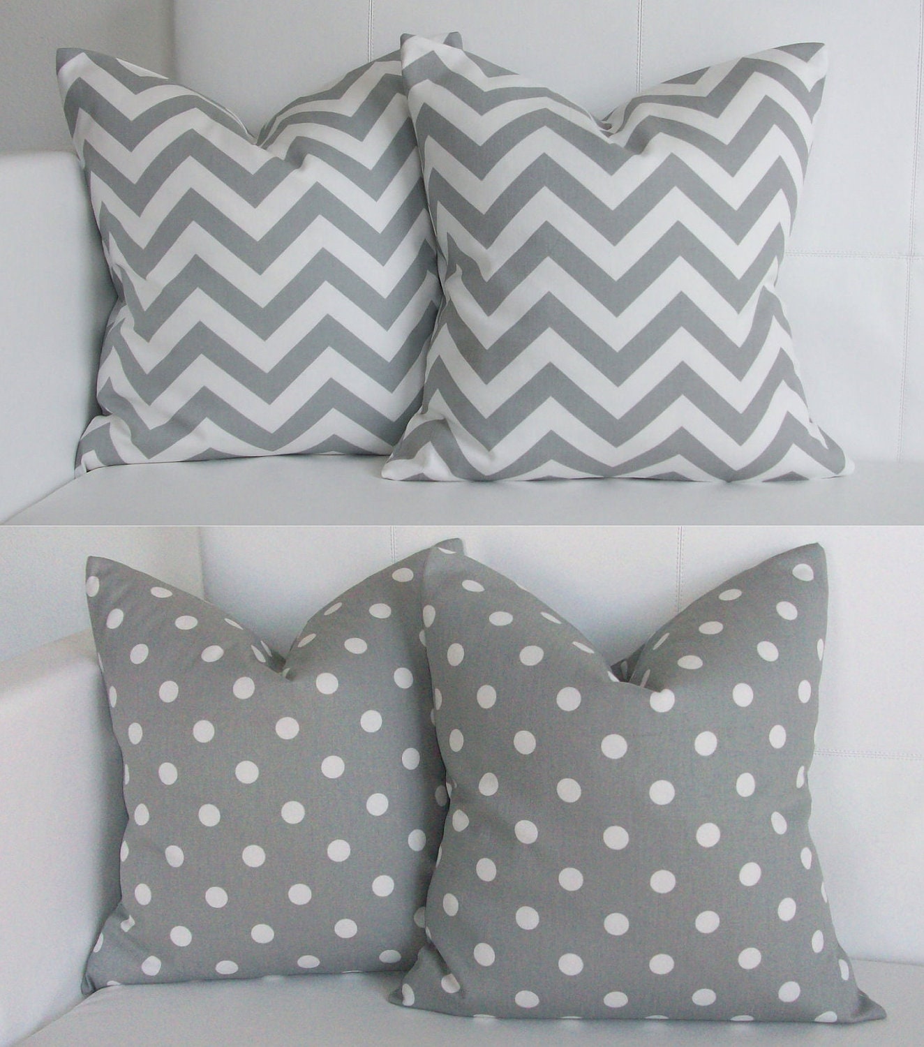 Set of Four - Gray Chevron and Polkadot - 16x16 Accent Pillow Covers - Decorative Throw Pillow Covers