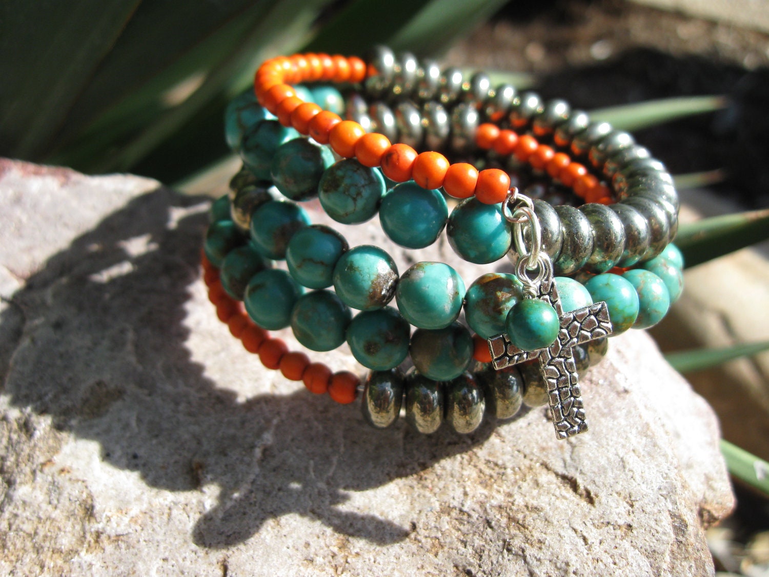 African Turquoise and Pyrite Memory Wire Wrap Bracelet