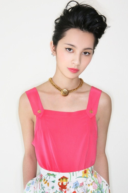 REDUCED was 309 now 285 hottest vintage 1970s/80s CHANEL neon pink silk pinafore top w/gold Chanel buttons