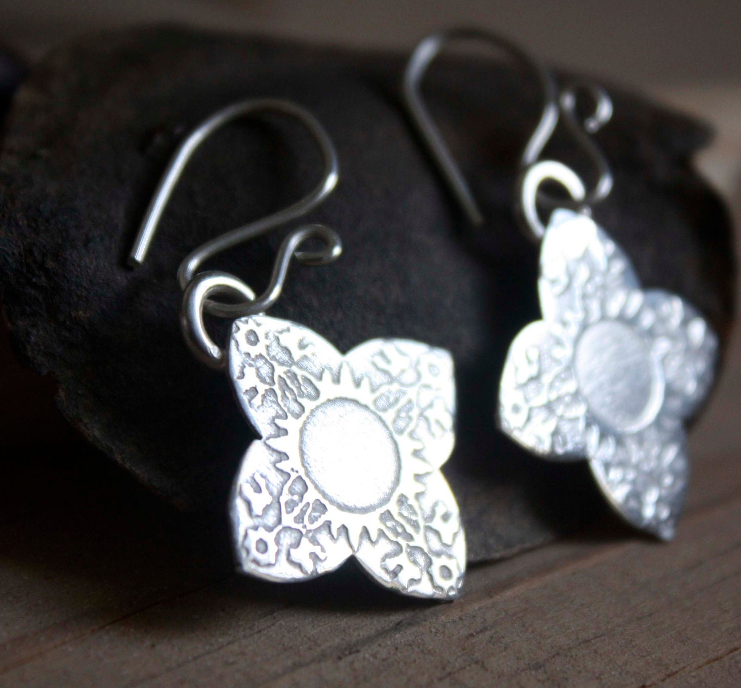 flower sterling silver earrings, floral and romantic style, intricate details, Sindhu