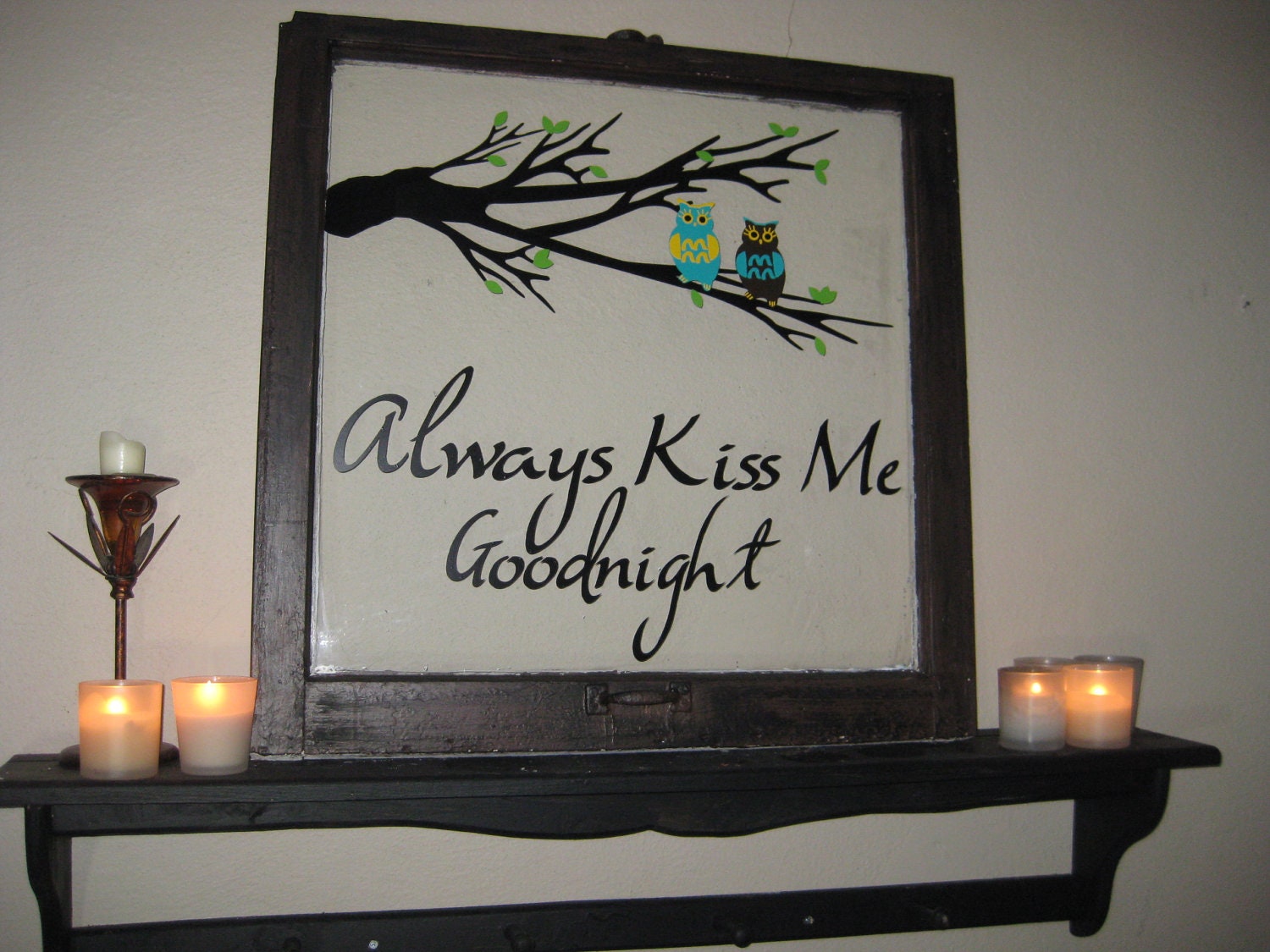 Always Kiss Me Goodnight - Pair of Love Owls  Upcycled Farmhouse Window - Custom Orders available