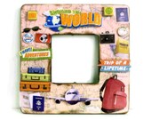 Collage Frame - Travel Frame Picture Personalized Painted Distressed Embellished Photo Frame - (Wood / Green / Family Trip)