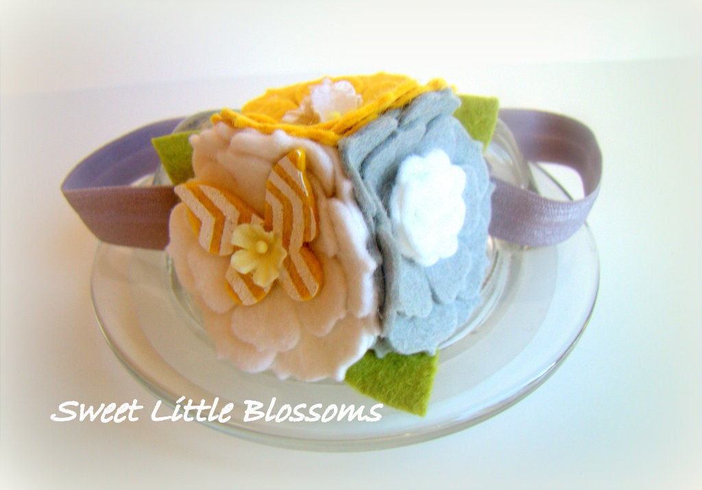 Felt Flower Headband  Mustard Yellow, Grey and White Flower Blossom Trio for Baby or Girl Photoprop