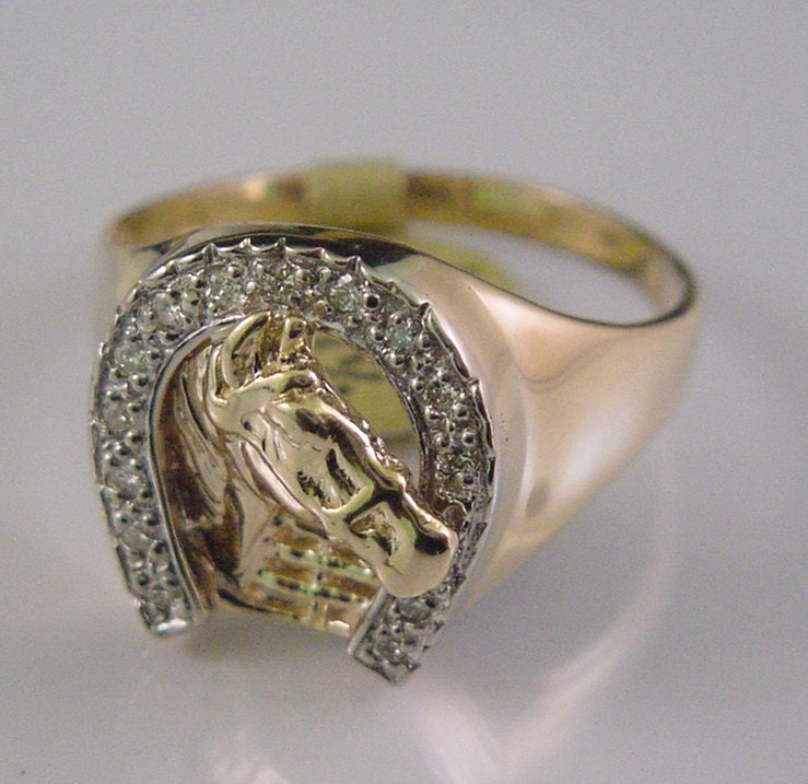 Mens Diamond Ring Horseshoe with Horse .25 Carat 14K Solid Gold