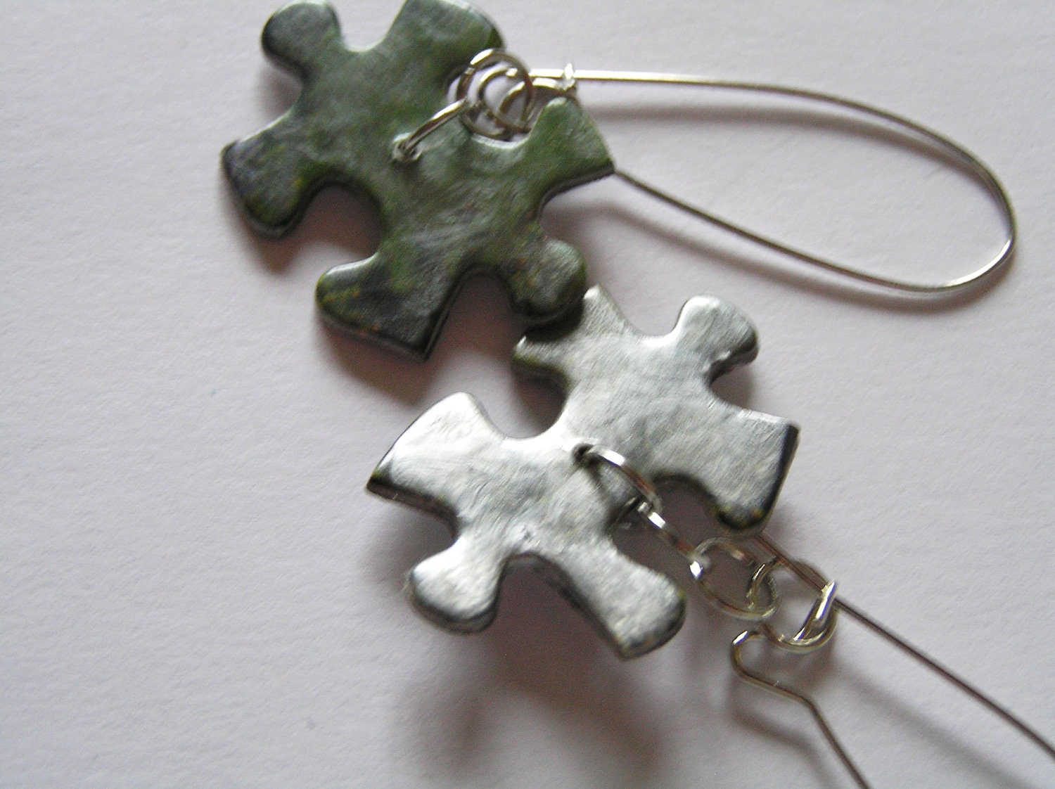 Upcycled Jigsaw Puzzle Earrings- Green Colors, Kidney Wire Earring Hoops and Frosted Pearly Finish