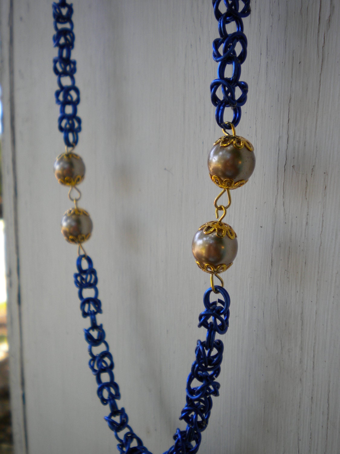 Blue Byzantine Chainmaille and Champagne Pearl - necklace and bracelet set