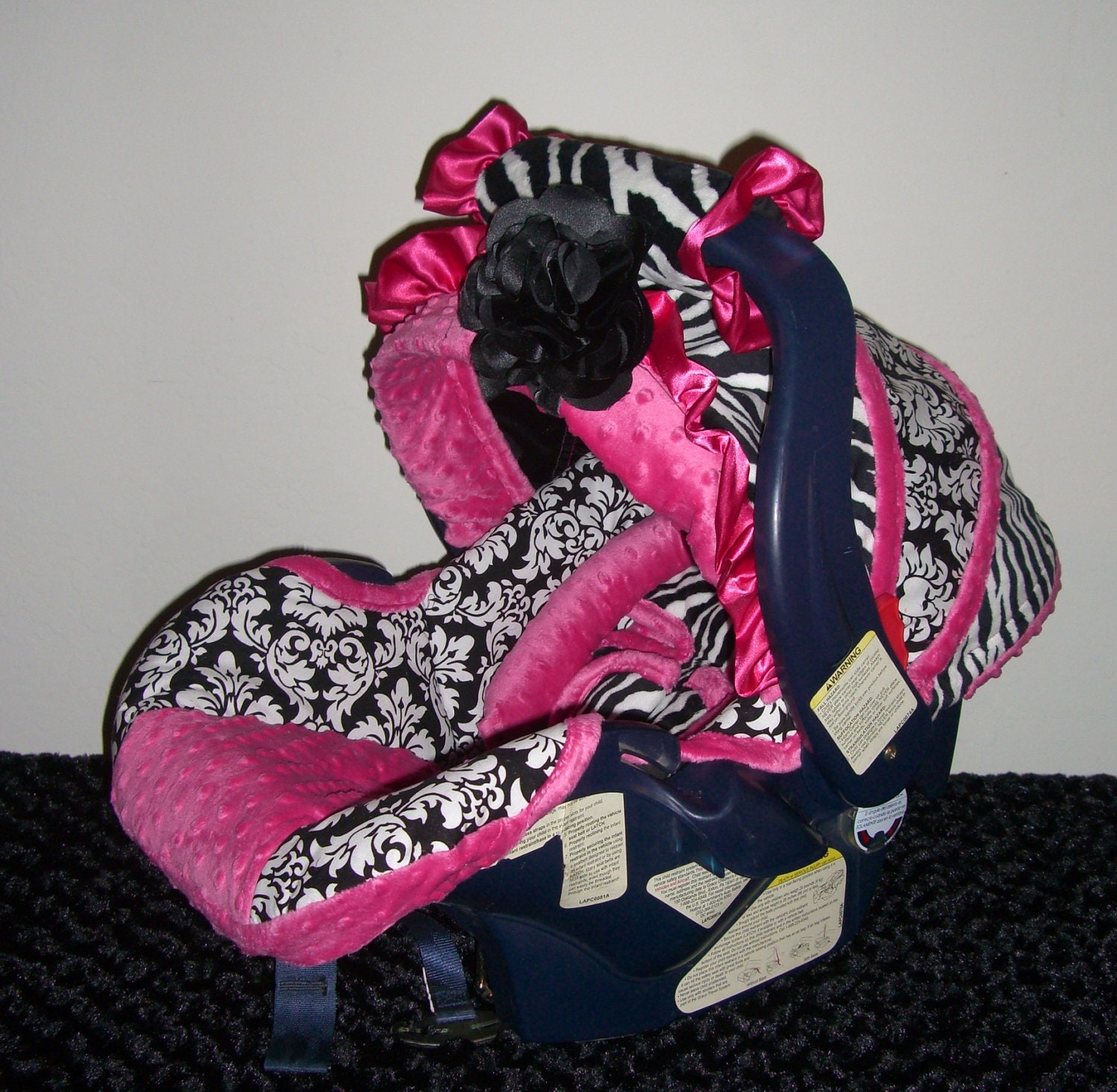 Replacement infant Car seat cover in a zebra, hot pink minky, cotton black/white damask, choice graco, chicco, babytrend, britax, evenflo,