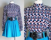 Vintage 1980s Blouse - Geometric Pattern - Mock Neck - Long Sleeve - Size Medium