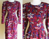 Vintage 1980s Bright Floral Dress - Pink and Red Peplum Maggy London Party Dress - Size Large / XL