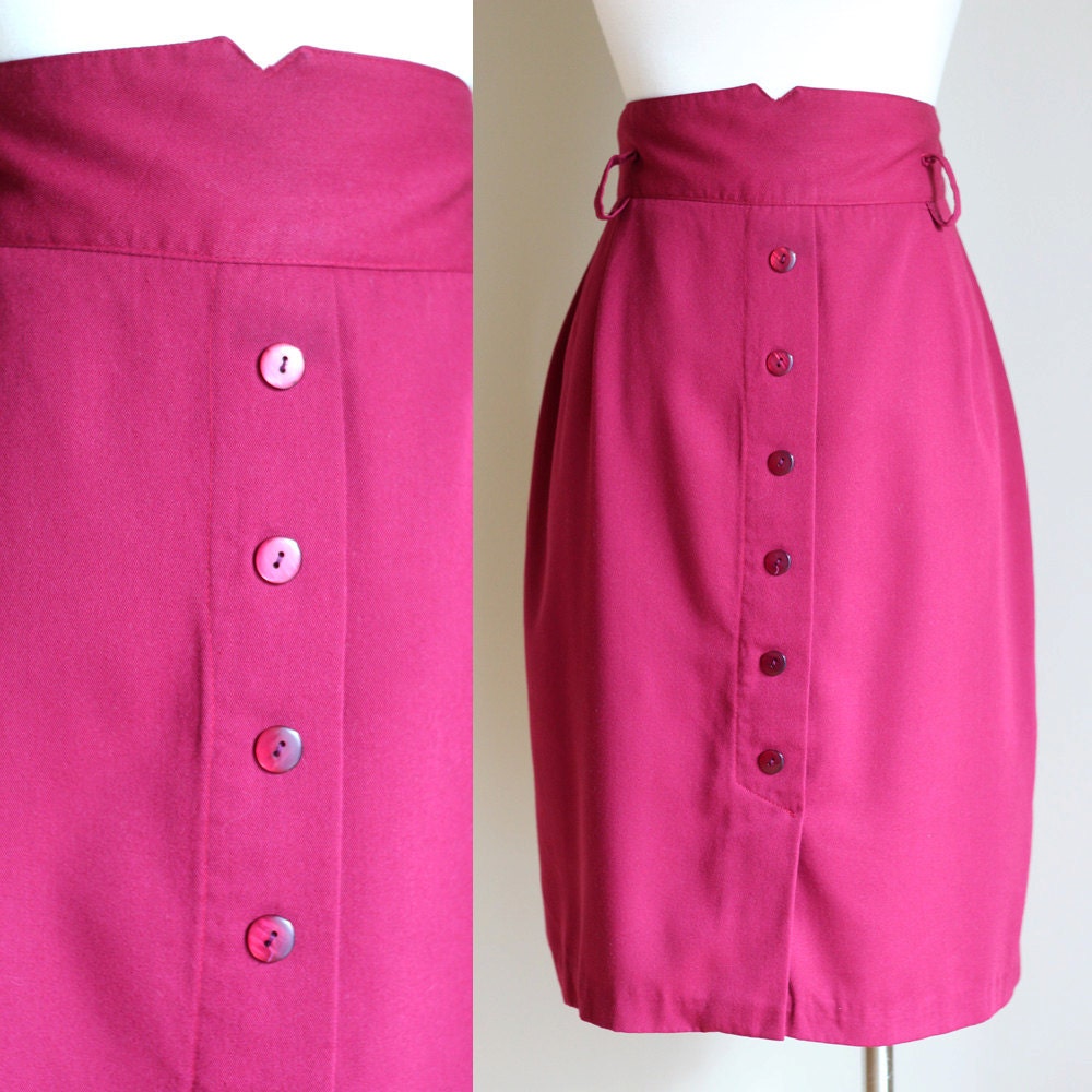 Vintage 1980s Cranberry Skirt - High Waist - Decorative Buttons Down Front - Size Medium
