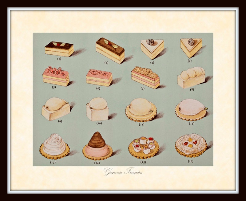 Vintage Pastries Plate 1 Genoese Fancies Art Print 8 x 10 Home Decor Wall Hanging Wall Decor Kitchen Bakery Cakes Pastries - BelleMaisonArt