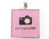 Photographer Pendant - Lady Woman Photography Camera Buff Charm Pink Silver Square Resin Jewelry