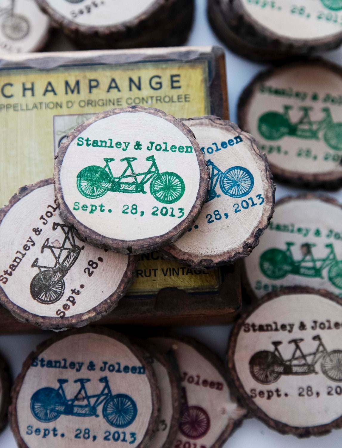 100 Custom Vintage Tandem Bicycle Save The Date/Wedding Favor Wood Magnets