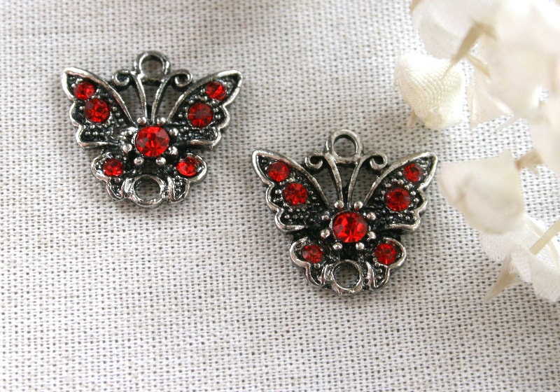 2 Lovely Silver Butterfly Charms/Pendants With Red Crystals
