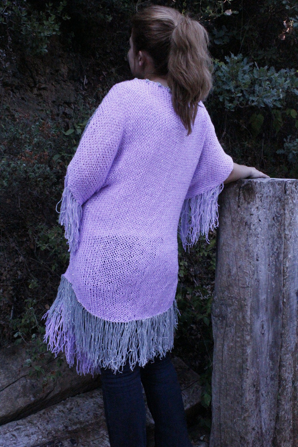 Hand knitted Gray&Lilac Spangled Fringe Edged Elegant Poncho by Arzu's Style