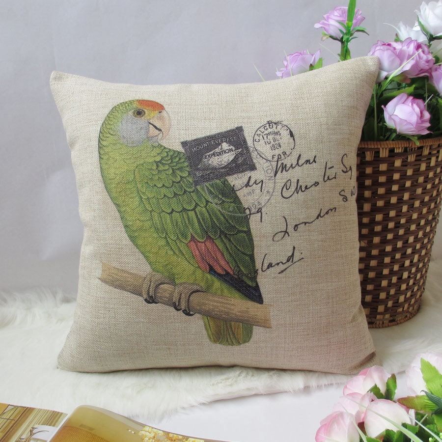 1 cotton linen simple green parrot stand in tree post words flowers printed decorative pillow cover / cushion case 18" - xinghuajiang