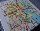 1981 Providence Rhode Island Handmade Vintage Map Coaster - Ceramic Tile Coaster - Repurposed 1980s Readers Digest Atlas - OOAK Coaster